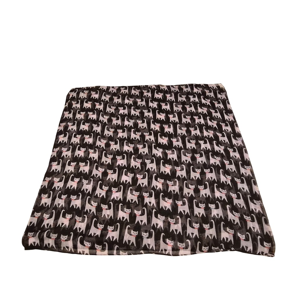 Black Scarf White Cat Print Orange Bow Tie Lightweight Semi Sheer Wrap